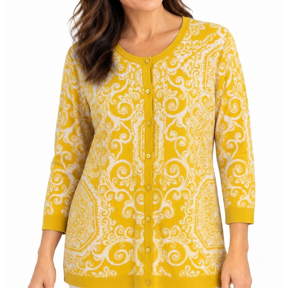 Isaac Mizrahi Live! Yellow Damask Print Cotton Cardigan Sweater Large 3/4 Sleeve